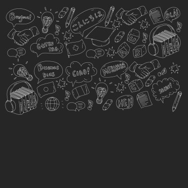 Vektör simgeleri. Dil öğrenme. İspanyolca, İngilizce, İtalyanca, Fransızca, Almanca, Arapça, Çince.