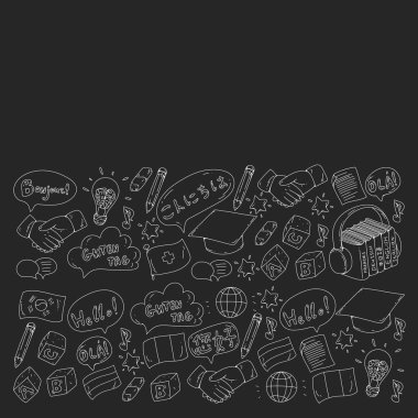 Vektör simgeleri. Dil öğrenme. İspanyolca, İngilizce, İtalyanca, Fransızca, Almanca, Arapça, Çince.