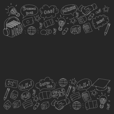 Vektör simgeleri. Dil öğrenme. İspanyolca, İngilizce, İtalyanca, Fransızca, Almanca, Arapça, Çince.