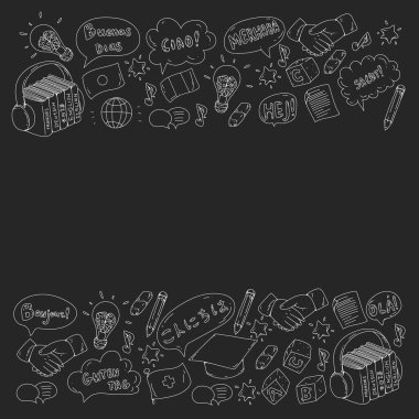 Vektör simgeleri. Dil öğrenme. İspanyolca, İngilizce, İtalyanca, Fransızca, Almanca, Arapça, Çince.