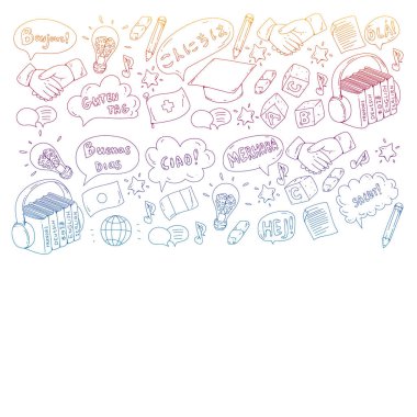 Vektör simgeleri. Dil öğrenme. Ses kursu. İspanyolca, İngilizce, İtalyanca, Fransızca, Almanca, Arapça, Çince.