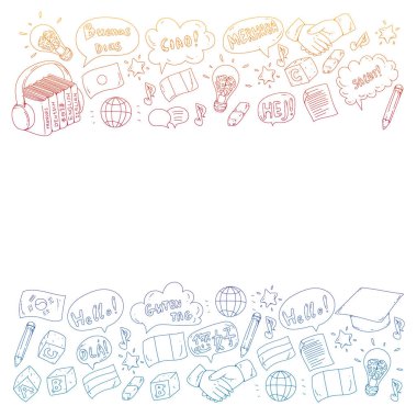 Vektör simgeleri. Dil öğrenme. Ses kursu. İspanyolca, İngilizce, İtalyanca, Fransızca, Almanca, Arapça, Çince.