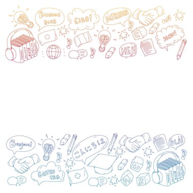 Vektör simgeleri. Dil öğrenme. Ses kursu. İspanyolca, İngilizce, İtalyanca, Fransızca, Almanca, Arapça, Çince.