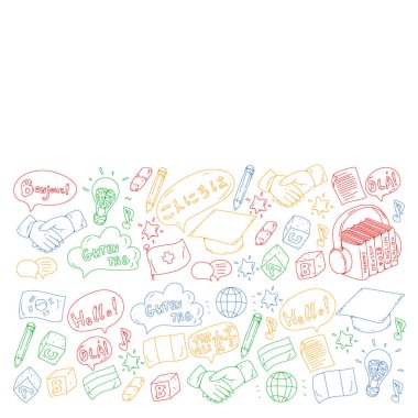 Vektör simgeleri. Dil öğrenme. Ses kursu. İspanyolca, İngilizce, İtalyanca, Fransızca, Almanca, Arapça, Çince.