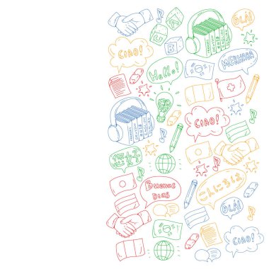 Vektör simgeleri. Dil öğrenme. Ses kursu. İspanyolca, İngilizce, İtalyanca, Fransızca, Almanca, Arapça, Çince.