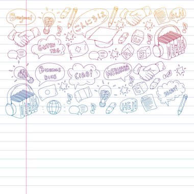 Vektör simgeleri. Dil öğrenme. Ses kursu. İspanyolca, İngilizce, İtalyanca, Fransızca, Almanca, Arapça, Çince.