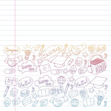 Vektör simgeleri. Dil öğrenme. Ses kursu. İspanyolca, İngilizce, İtalyanca, Fransızca, Almanca, Arapça, Çince.