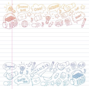 Vektör simgeleri. Dil öğrenme. Ses kursu. İspanyolca, İngilizce, İtalyanca, Fransızca, Almanca, Arapça, Çince.