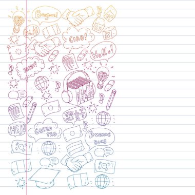 Vektör simgeleri. Dil öğrenme. Ses kursu. İspanyolca, İngilizce, İtalyanca, Fransızca, Almanca, Arapça, Çince.