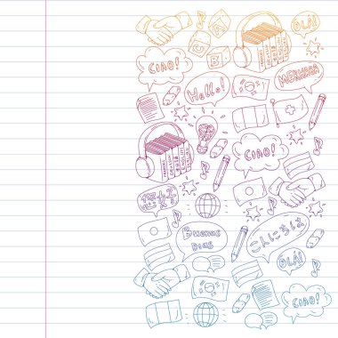 Vektör simgeleri. Dil öğrenme. Ses kursu. İspanyolca, İngilizce, İtalyanca, Fransızca, Almanca, Arapça, Çince.