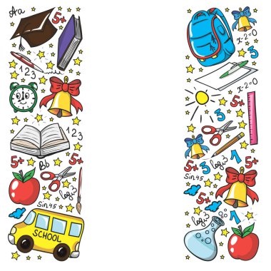 Okul düzeni. Vektör karalama tarzı simgeler. Matematik, astronomi, coğrafya, biyoloji, fizik.