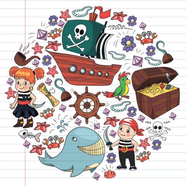 Ensemble vectoriel avec éléments pirates pour fête d'anniversaire pour les petits enfants. Modèle enfant avec pieuvre, plage, coffre au trésor, bateau — Image vectorielle