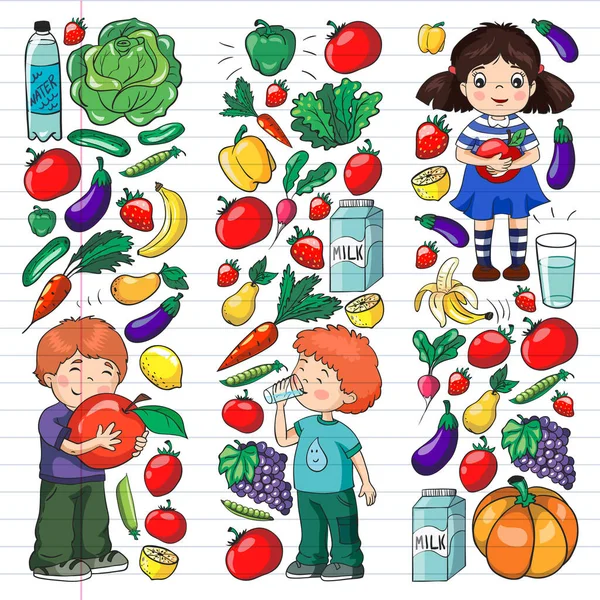 Vektormuster mit Kindern, die sich gesund ernähren. Obst und Gemüse. Kinder mögen Milch, Milchprodukte. Muster für Geschäft, Einkaufszentrum, Speisekarte, Café, Restaurants. — Stockvektor