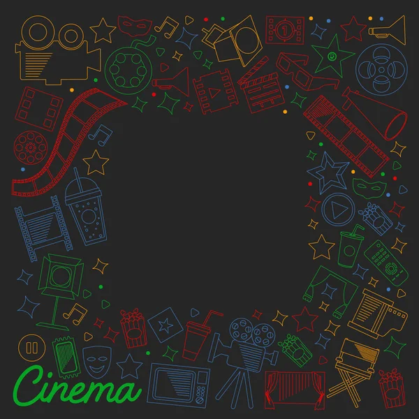 Modèle vectoriel avec icônes de cinéma. Cinéma, TV, pop-corn, clips vidéo, comédie musicale — Image vectorielle