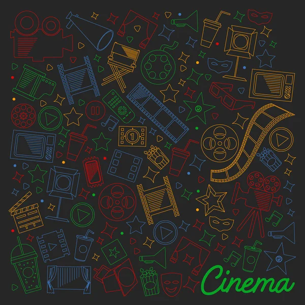 Modèle vectoriel avec icônes de cinéma. Cinéma, TV, pop-corn, clips vidéo, comédie musicale — Image vectorielle
