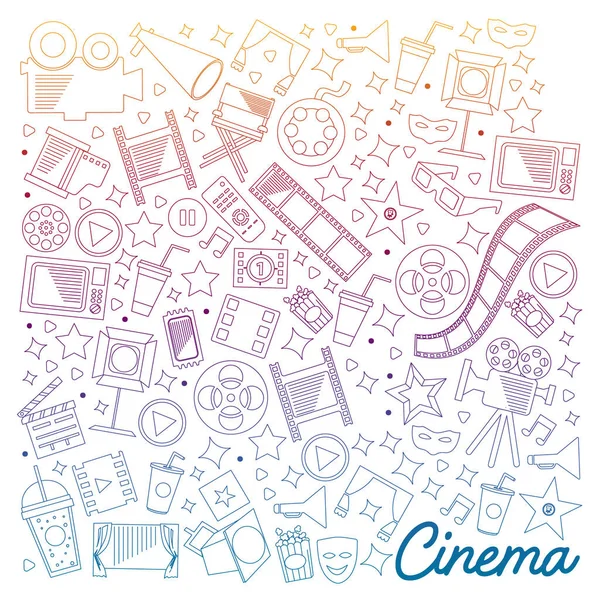 Patrón vectorial con iconos de cine. Cine, Televisión, palomitas de maíz, videoclips, musical — Vector de stock