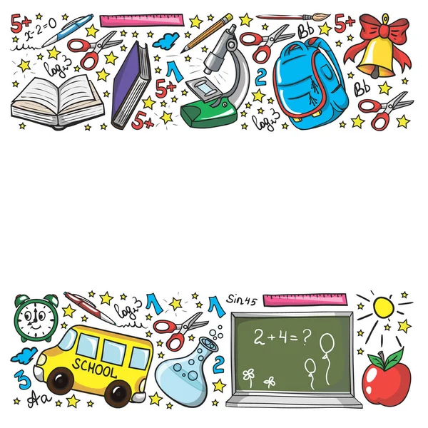 School pattern. Vector doodle style icons. Mathematis, astronomy, geography, biology, physics. — Stock Vector
