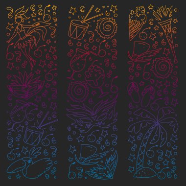 Palmiye, plaj, deniz, karnaval ile Brezilya vektör desen. Afiş ve afişler için Brezilya simgeleri.