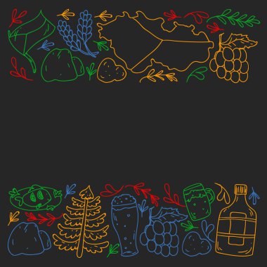 Çek Cumhuriyeti sembollü vektör deseni. Turizm ikonları ve peyzaj elementleriyle kurulmuş. Ülkeye seyahat. Şehir, katedral, bina, Avrupa mimarisi. Tarihi işaretli illüstrasyon