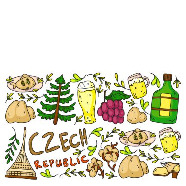 Çek Cumhuriyeti sembollü vektör deseni. Turizm ikonları ve peyzaj elementleriyle kurulmuş. Ülkeye seyahat. Şehir, katedral, bina, Avrupa mimarisi. Tarihi işaretli illüstrasyon