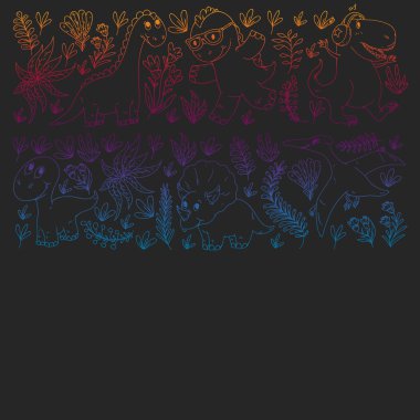 Desen çocuk kumaş, tekstil, kreş duvar kağıdı. Vektör illüstrasyon. El çizilmiş dinozorlar, küçük çocuklar için dino.