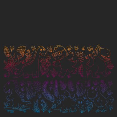 Desen çocuk kumaş, tekstil, kreş duvar kağıdı. Vektör illüstrasyon. El çizilmiş dinozorlar, küçük çocuklar için dino.