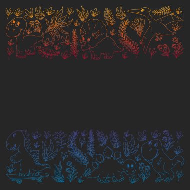 Desen çocuk kumaş, tekstil, kreş duvar kağıdı. Vektör illüstrasyon. El çizilmiş dinozorlar, küçük çocuklar için dino.