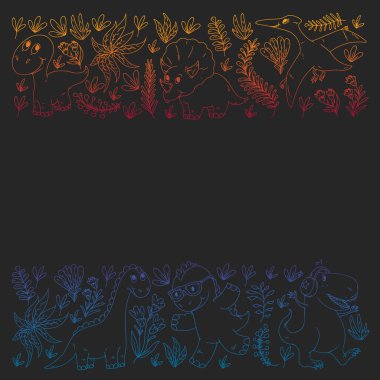 Desen çocuk kumaş, tekstil, kreş duvar kağıdı. Vektör illüstrasyon. El çizilmiş dinozorlar, küçük çocuklar için dino.