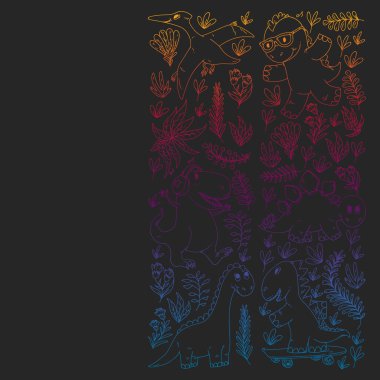 Desen çocuk kumaş, tekstil, kreş duvar kağıdı. Vektör illüstrasyon. El çizilmiş dinozorlar, küçük çocuklar için dino.