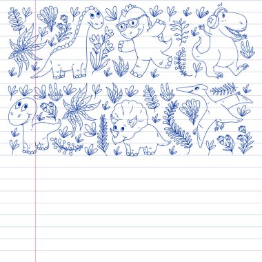 Desen çocuk kumaş, tekstil, kreş duvar kağıdı. Vektör illüstrasyon. El çizilmiş dinozorlar, küçük çocuklar için dino.