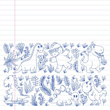 Desen çocuk kumaş, tekstil, kreş duvar kağıdı. Vektör illüstrasyon. El çizilmiş dinozorlar, küçük çocuklar için dino.