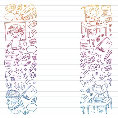 İnternet ingilizce kursu. İnternetten dil öğren. Eğitim vektörü illüstrasyonu. Çocuklar karalama tarzı resim çiziyor.