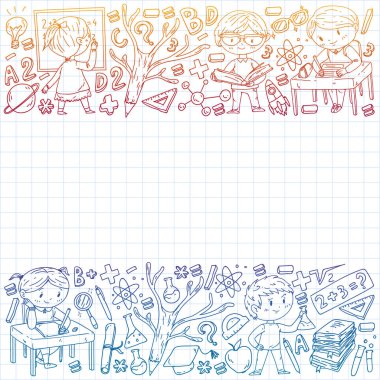 Çevrimiçi eğitim kavramı. Küçük çocuklar, üniversite, internet kursları için vektör simgeleri ve elementler. Doodle tarzı, çocuklar çiziyor..