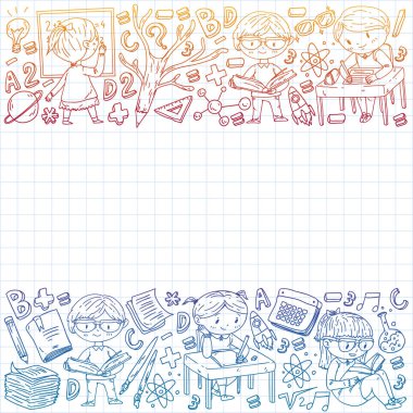 Çevrimiçi eğitim kavramı. Küçük çocuklar, üniversite, internet kursları için vektör simgeleri ve elementler. Doodle tarzı, çocuklar çiziyor..