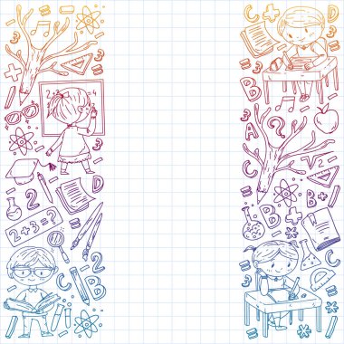 Çevrimiçi eğitim kavramı. Küçük çocuklar, üniversite, internet kursları için vektör simgeleri ve elementler. Doodle tarzı, çocuklar çiziyor..