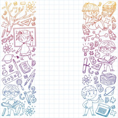 Çevrimiçi eğitim kavramı. Küçük çocuklar, üniversite, internet kursları için vektör simgeleri ve elementler. Doodle tarzı, çocuklar çiziyor..