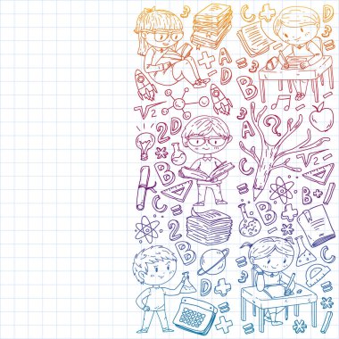 Çevrimiçi eğitim kavramı. Küçük çocuklar, üniversite, internet kursları için vektör simgeleri ve elementler. Doodle tarzı, çocuklar çiziyor..