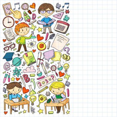 Çevrimiçi eğitim kavramı. Küçük çocuklar, üniversite, internet kursları için vektör simgeleri ve elementler. Doodle tarzı, çocuklar çiziyor..