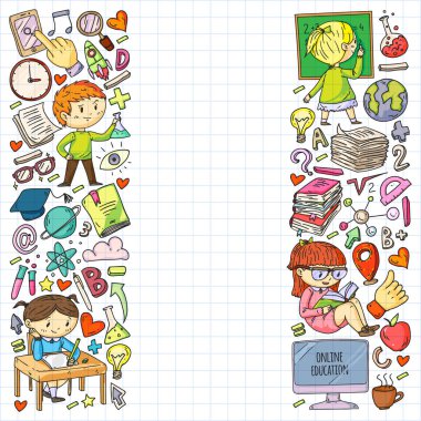 Çevrimiçi eğitim kavramı. Küçük çocuklar, üniversite, internet kursları için vektör simgeleri ve elementler. Doodle tarzı, çocuklar çiziyor..