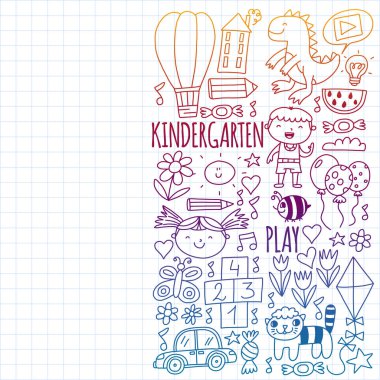 Bebekler için çevrimiçi eğitim. İnternetteki çocuklar için dersler. Anaokulu afişleri için vektör deseni, ay, gezegen, uzay gemisi, roket, güneş, meyve, ev, çiçek posterleri.