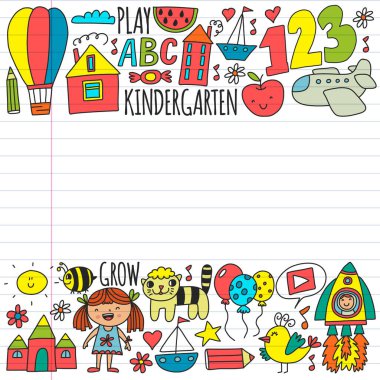 Bebekler için çevrimiçi eğitim. İnternetteki çocuklar için dersler. Anaokulu afişleri için vektör deseni, ay, gezegen, uzay gemisi, roket, güneş, meyve, ev, çiçek posterleri.