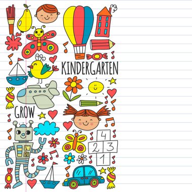 Bebekler için çevrimiçi eğitim. İnternetteki çocuklar için dersler. Anaokulu afişleri için vektör deseni, ay, gezegen, uzay gemisi, roket, güneş, meyve, ev, çiçek posterleri.