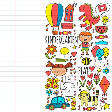 Bebekler için çevrimiçi eğitim. İnternetteki çocuklar için dersler. Anaokulu afişleri için vektör deseni, ay, gezegen, uzay gemisi, roket, güneş, meyve, ev, çiçek posterleri.