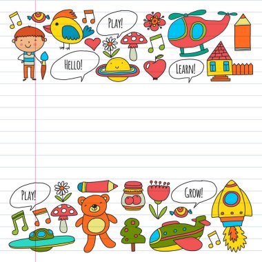 Bebekler için çevrimiçi eğitim. İnternetteki çocuklar için dersler. Anaokulu afişleri için vektör deseni, ay, gezegen, uzay gemisi, roket, güneş, meyve, ev, çiçek posterleri.