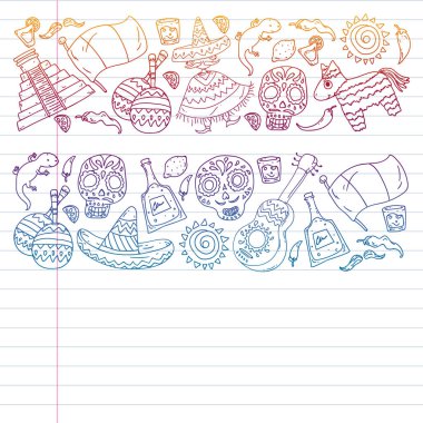 Meksika mutfak broşürleri için vektör deseni. İnternetten Meksika mutfağı sipariş et. Hızlı teslimat. Ulusal Meksika etnik unsurları. Ölüler Günü. Şeker kafatası.