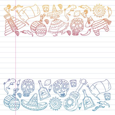 Meksika mutfak broşürleri için vektör deseni. İnternetten Meksika mutfağı sipariş et. Hızlı teslimat. Ulusal Meksika etnik unsurları. Ölüler Günü. Şeker kafatası.