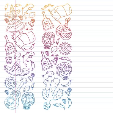 Meksika mutfak broşürleri için vektör deseni. İnternetten Meksika mutfağı sipariş et. Hızlı teslimat. Ulusal Meksika etnik unsurları. Ölüler Günü. Şeker kafatası.