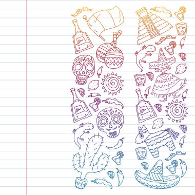 Meksika mutfak broşürleri için vektör deseni. İnternetten Meksika mutfağı sipariş et. Hızlı teslimat. Ulusal Meksika etnik unsurları. Ölüler Günü. Şeker kafatası.