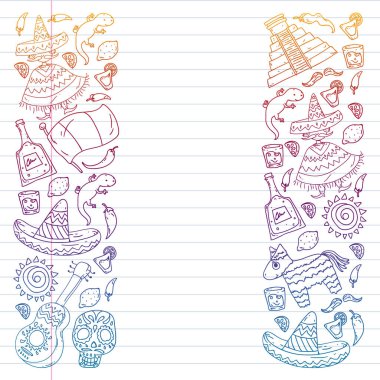 Meksika mutfak broşürleri için vektör deseni. İnternetten Meksika mutfağı sipariş et. Hızlı teslimat. Ulusal Meksika etnik unsurları. Ölüler Günü. Şeker kafatası.