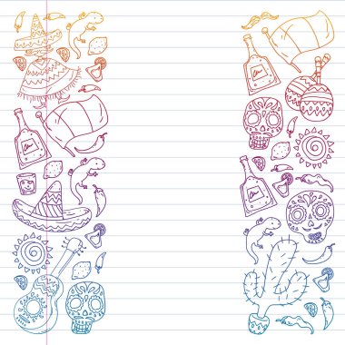Meksika mutfak broşürleri için vektör deseni. İnternetten Meksika mutfağı sipariş et. Hızlı teslimat. Ulusal Meksika etnik unsurları. Ölüler Günü. Şeker kafatası.